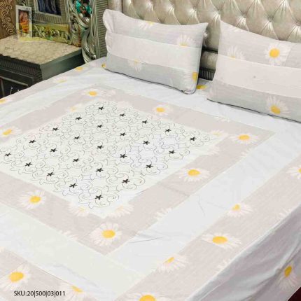 3 Piece Bedsheet with Yellow and White Flowers
