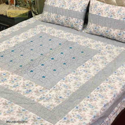 3 Piece Bedsheet with White & Blue Flowers