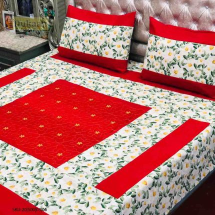 3 Piece White and Green Bedsheet with Red Patches