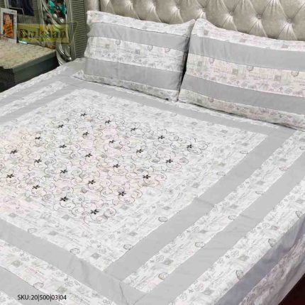 3 Piece Bedsheet White and Grey with Green Embroidery